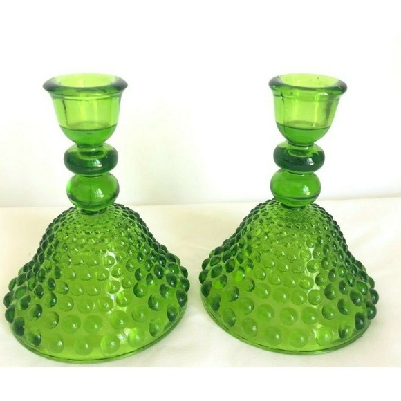 Unbranded Other - Vintage 5" Bright Green Glass Hobnail Candle Holders Pair Depression Glass HELP